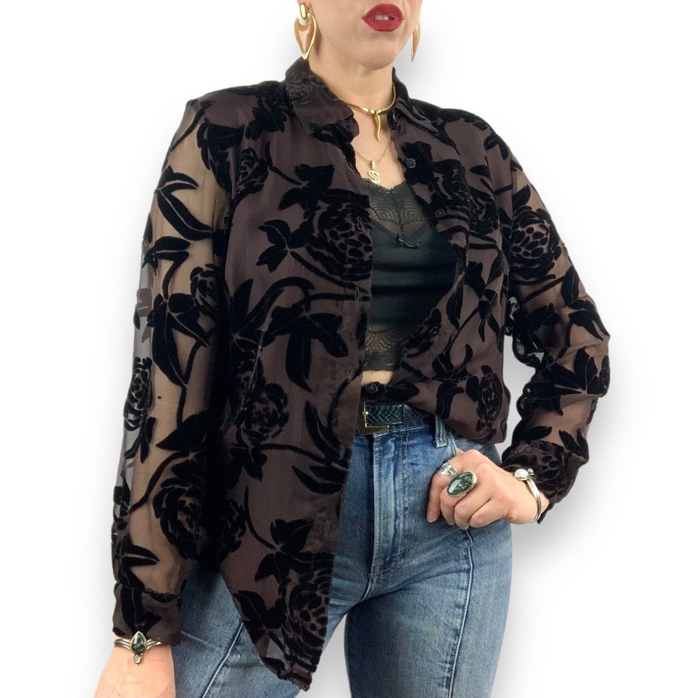 90's brown silk button down blouse with black velvet roses and sheer sleeves - Picture 5 of 16